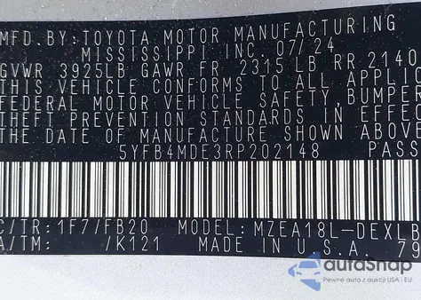 2024 Toyota Corolla Le z USA, uszkodzony, nr VIN 5YFB4MDE3RP202148